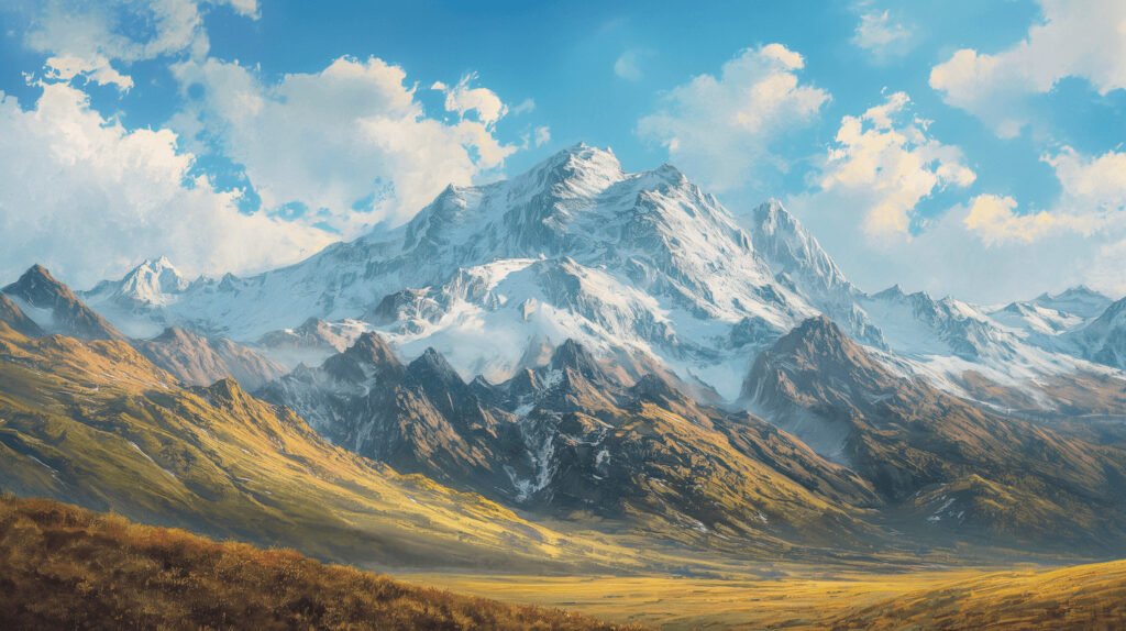 A captivating landscape oil painting of a mountain peak under a clear sky, symbolizing reaching new heights in leadership training.